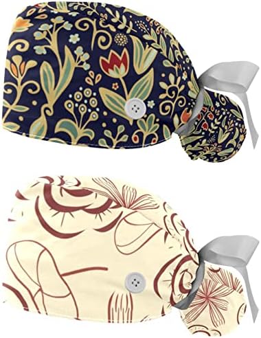 Bapa de trabalho de flor com Button & SweatBand, Chapéus de esfoliação de banda elástica ajustável, 2 pacotes Bouffant