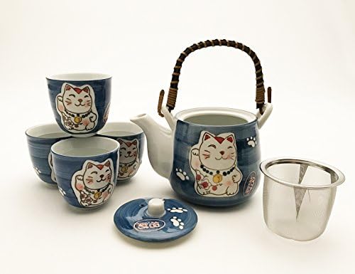 Lucky Cat Lucky Cat Maneki Neko Conjunto de chá de cerâmica com alça de vime e 4 xícaras de chá