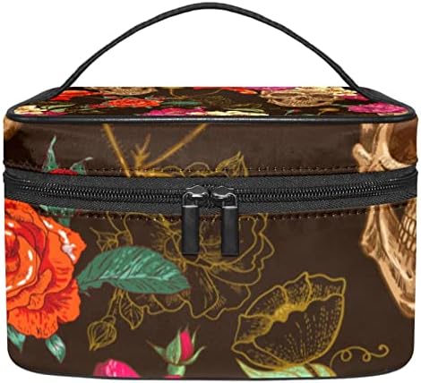 Bolsa de maquiagem de viagem Yoyoamoy com compartimento, Padrão Floral de Crânio Vintage Big Cosmético Caso de beleza
