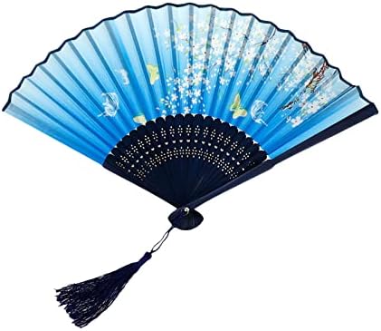 FAOTUP 2PCS Blue-preto de ventilador dobrável de bambu exclusivo, flores do ventilador dobrável portátil, bambu de ventilador dobrável