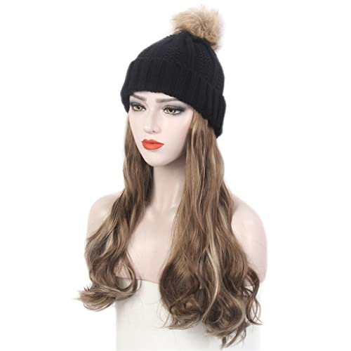 Klkkk Moda Europeia e Americana Hapé Hair Capéu Black Knit Wig Long Curly Brown Wig and Hat