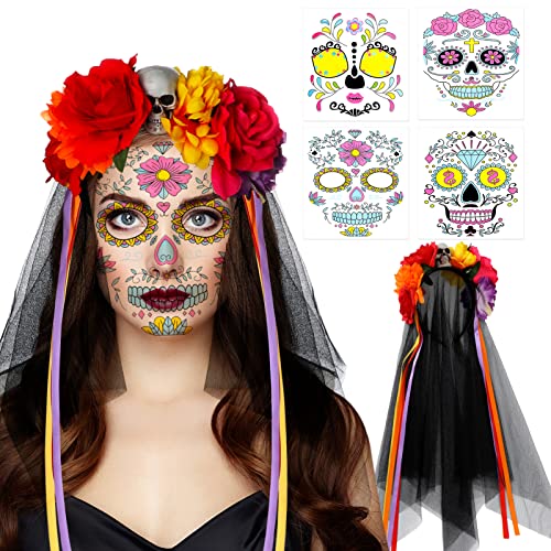 Howaf Day of the Dead Mexican Véil Banda da cabeça com adesivos de tatuagem temporária do Face Halloween, véu de cabeça de renda