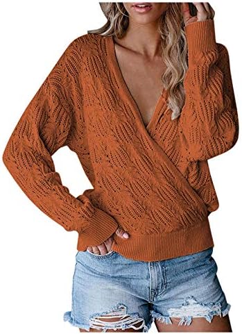 Sweater de decote em V Pimelu Mulheres de mangas compridas suéters de mangas compridas Tops de capa de alma-dequela em V