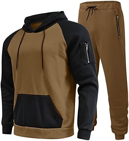 Gdjgta macho casual sólido de duas peças com zíper de bolso raglan capuz de manga de punho de amarração com zíper de traje de terno de calça