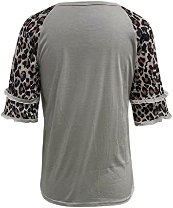 Mulheres finas de algodão com estampa de leopardo camiseta superior camisa de manga meia -pescoço de manga solta Moda de manga curta