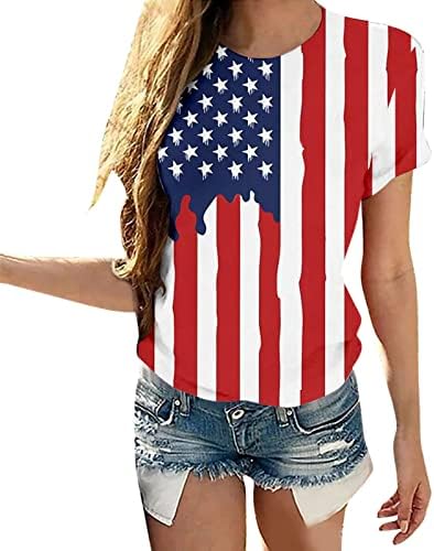 Camiseta feminina American Flag Print camisa Independence Dia T-shirt Tops de manga curta 4 de julho camiseta patriótica