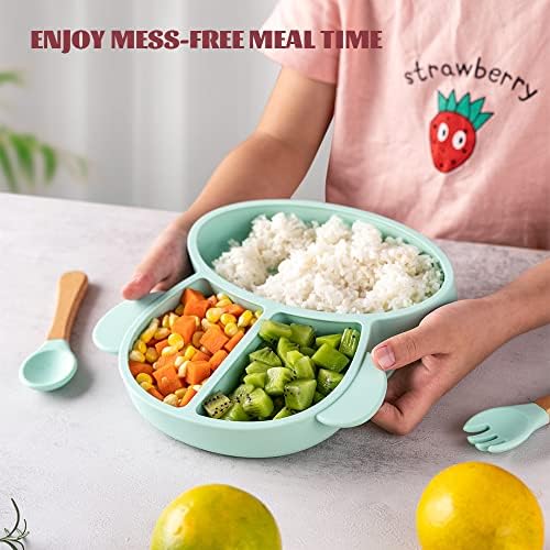 Qteclor silicone bento placas de almoço, placas divididas com colheres de bloqueio, caixas de armazenamento de alimentos