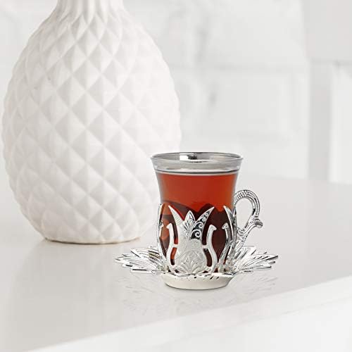 Lamodahome Silver Tea Conjunto de 6 - Inclui 6 copos, 6 titulares de pires - VIP Especial Serviço Tulipa Turca Árabe,