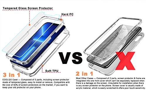 Coolqo Compatível para iPhone 13 Pro Case 6,1 polegadas, com [2 x Protetor de tela de vidro temperado] CLEAR 360 Cobertura