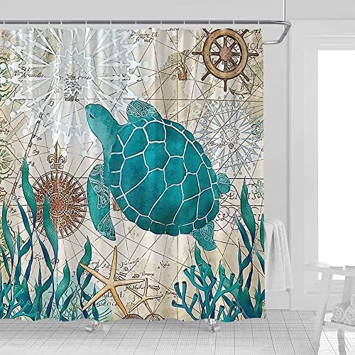 Cortina de chuveiro de cavalo -marinho uozxoml cercea oceano animal estrela -pente de coral cortinas de tecido de tecido para decoração de banheiro com ganchos, 70 x 70