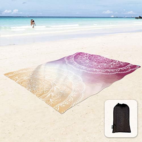 Litada solar e sedosa macia 85 x72 boho à prova de areia de praia tapete de areia com bolsos de canto e bolsa de malha para festa de praia, viagens, camping e festival de música ao ar livre, mandala roxa laranja