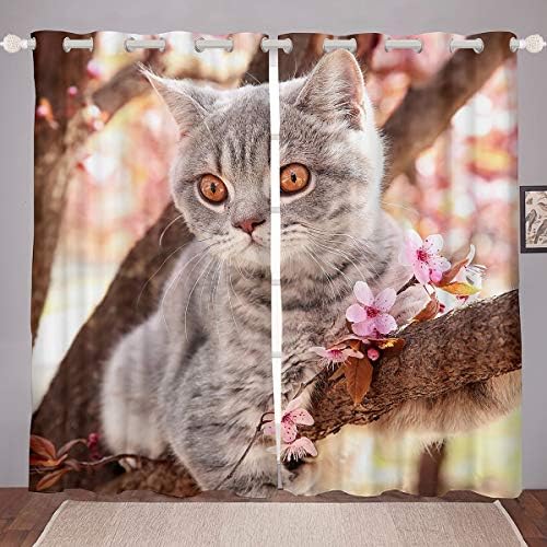 Cortinas de janela de gato cinza erosbridal tratamentos de janela gato de gato fofo painéis de cortina de flor de pêssego para crianças