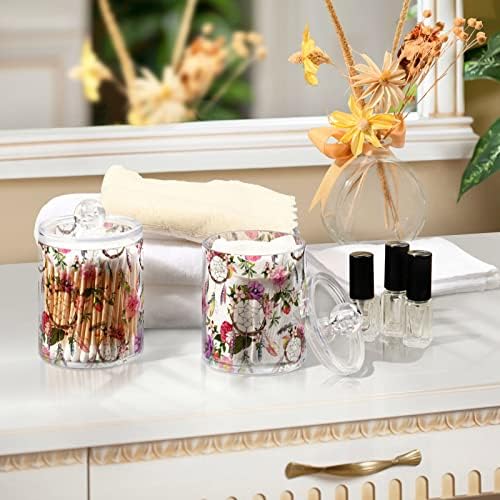 Yyzzh Pretty Floral Dream Catcher Pink Flower Dreamcatcher 4 Pack Pack Qtip Dispenser de suporte para algodão Swab