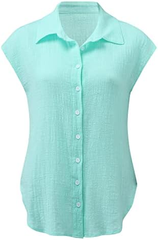 Camisas para mulheres de verão respirável linho de algodão confortável manga curta Botão de ajuste solto abaixe a blusa de cor sólida de lapul