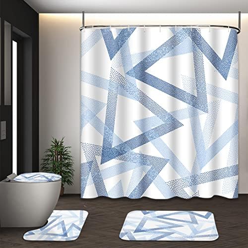 Triangles Blue Shower Curtain Conjuntos com tampa da tampa do vaso sanitário e tapetes não deslizantes, pontos geométricos simples