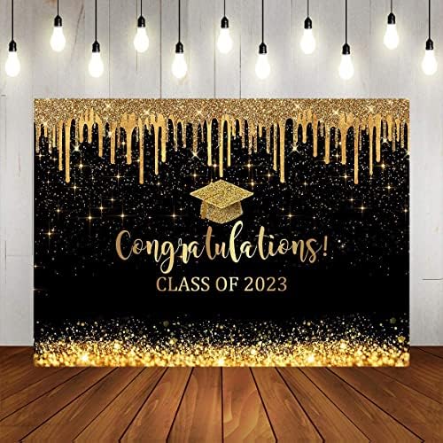 Mocsicka Black and Gold Graduação Cenário Parabéns Classe de 2023 Antecedentes fotográficos Vinil 2023 Decorações de festa de graduação Parabéns parabéns bandeira de mesa de bolo