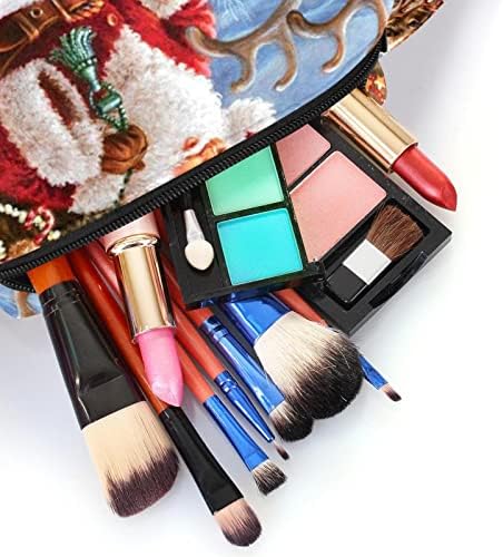 Saco de maquiagem pequeno, organizador cosmético da bolsa com zíper para mulheres e meninas, pintura a óleo Retro Papai Noel Elk