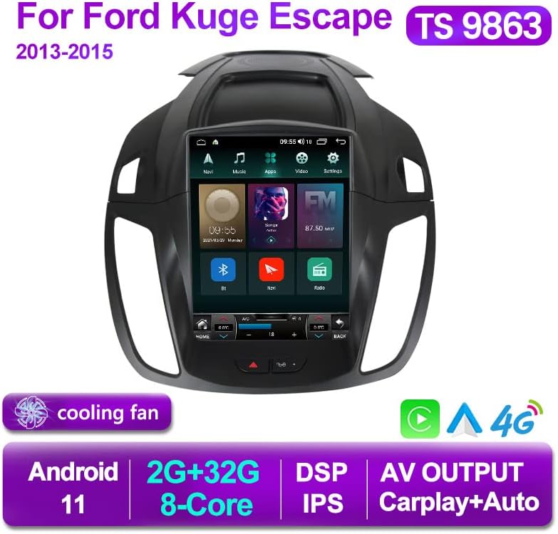 Unidade de cabeça estéreo de rádio do carro para Ford Kuga Escape 2013-2015, Android 11.0 CarPlay sem fio embutido Android Auto GPS Navigation DSP WiFi 9,7 polegadas IPS Touchscreen 2Gram 32G ROM