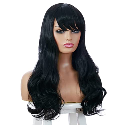 Yfqhdd sintético peruca ondulada longa para mulheres cabelos com franja negra natural alta temperatura diária perucas