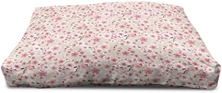 Ambesonne Floral Wooden Dog House, Flores de magnólia rosa florescidas com botões em galhos interconectados, canil portátil de cão portátil interno e externo com travesseiro e capa, 2x-amêndoa verde fúcsia