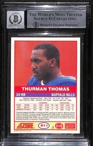 #211 Thurmon Thomas Hof - 1989 Cartas de futebol de pontuação classificadas BGS Auto 10 - Bolsas de futebol autografadas