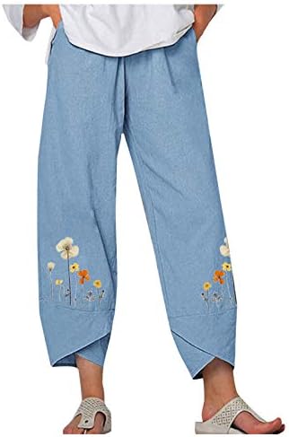 2023 calças de linho de algodão, feminino casual perna larga Palazzo yoga capris estampa floral calças folgadas com bolsos