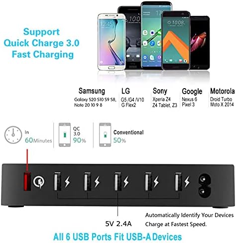 Estação de carregamento mais rápida com o QC Quick Charge 3.0, Cosoos 63W 12A Estação de carregamento USB de 6 portas para vários dispositivos com 6 cabo curto misto e suporte Iwatch, estação multi-carregador para telefone celular, tablet