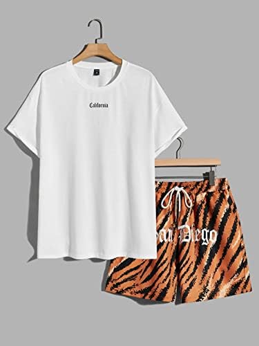 Roupas de duas peças para homens, letra de letra, camiseta gráfica e tigres, shorts de cintura de cordão tigers