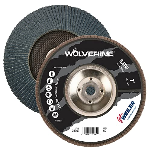 Weiler 31369 Wolverine 7 x 5/8 -11 Unc Nut Abrasive Flap disco, 60 grit zirconia alumina, chanfro tipo 29, apoio fenólico,