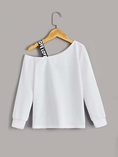 Hoodies de moda e moletons para meninas meninas, figura de pescoço assimétrica Figura de contraste gráfico de letra de fita