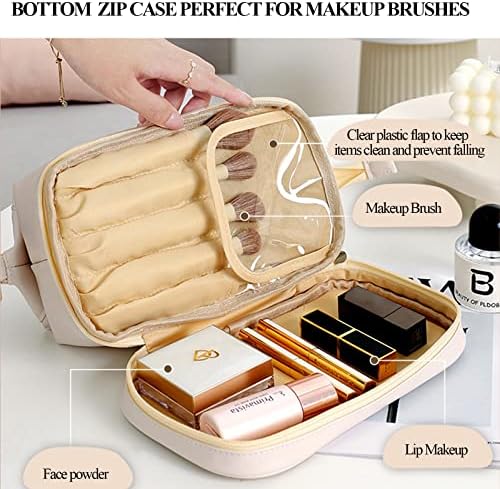 Bolsa de maquiagem ausekaly bolsa de cosméticos de viagem de camada de couro de camada dupla com bolsa de escova para mulheres menina