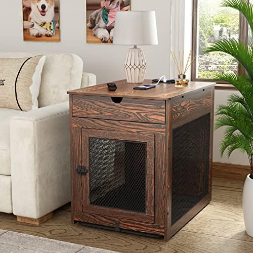 Piskyet Wooden Dog Crate com gaveta de armazenamento e almofada e bandeja, suporte com fio/sem fio, mobília de cães mobiliário