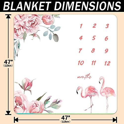 Phmojen Baby Monthly Milestone Blanket, manta de gráfico de crescimento floral de flamingo rosa para fotos de bebês, 47 x47 recém -nascida pano de fundo de fotografia 1 a 12 meses incluem 4 quadros, 1 faixa para a cabeça, BTXTPH74