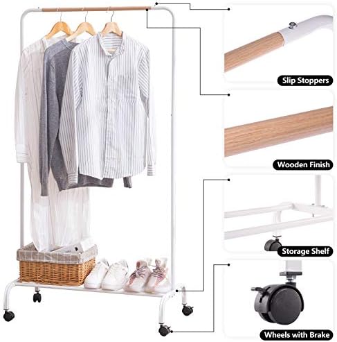 Rack de roupas de YouDenova com prateleiras, rolando de roupas de rodas, pequenos pendurações penduradas, branco