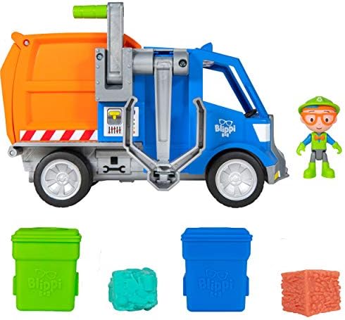 Blippi Recycling Truck - Inclui figura de personagem, alavanca de trabalho, 2 cubos de lixo, 2 caixas de reciclagem -