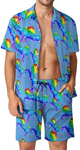 Weedkeycat Rainbow Galaxy Unicorn Men's Beach Roupfits 2 peças Hawaiian Button Down Shirt Manga curta e shorts conjuntos