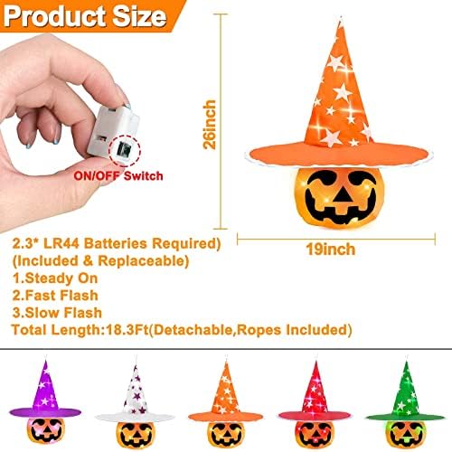 5pcs iluminados decorações de Halloween de abóbora, chapéu de bruxa Fantasma Luzes coloridas de barbante de Halloween 50