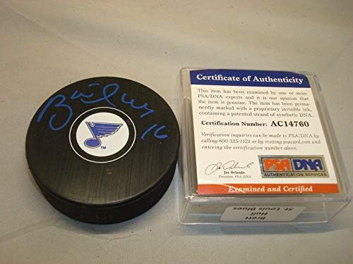 Brett Hull assinou o St. Louis Blues Hockey Puck autografado PSA/DNA COA 1A - Pucks de NHL autografados