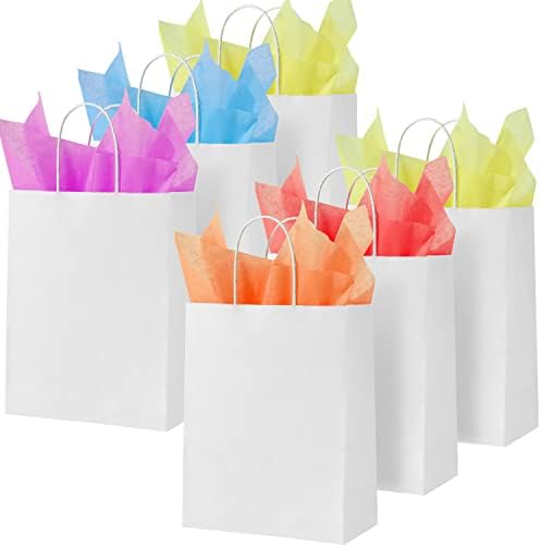 10.5 Sacos de presente pequenos com lenços de papel - sacos de presente de papel branco 25pack com alças, sacolas favoritas,