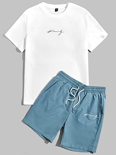 Roupas de duas peças para homens, letra, camiseta gráfica e shorts de cintura de cordão