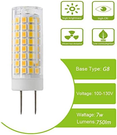 Bulbo G8 LED, lâmpada LED de 7W 7W T4 G8, Substituição de lâmpada de halogênio de 75W, lâmpadas LED de 7W G8 diminuem, lâmpadas G8 Bi-Pin Base G8, AC120V 750lm, sob luz de cozinha e luzes de carona, brancos quentes 2pack