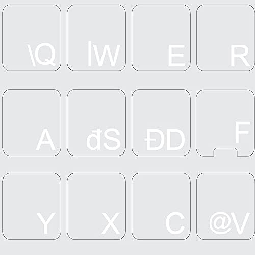 Etiquetas de teclado romeno com letras brancas sobre fundo transparente