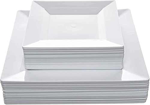 60 Placas de plástico branco - placas de plástico descartáveis ​​quadradas, pratos de jantar de 9,5 + 6,5 de sobremesa/salada