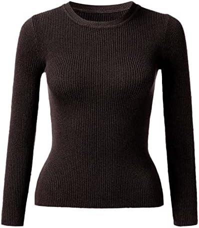Tees de outono para mulheres do pescoço redondo de manga comprida suéter de malha trechos de trechos para mulheres