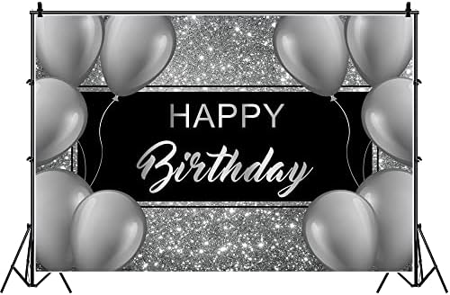 LaeAcco Feliz aniversário Caso -pano de 7x5 pés preto e prata Glitter Birthday Birthday para homens balões cinza festa de aniversário
