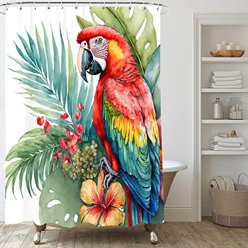 Cortina de chuveiro tropical de plantas tropicais do hipoposama, conjunto de cortina de chuveiro botânico de folhas verdes, cortinas de chuveiro de parrot monstera na selva para banheiro, tecido impermeável com 12 ganchos, 72 x 72 polegadas