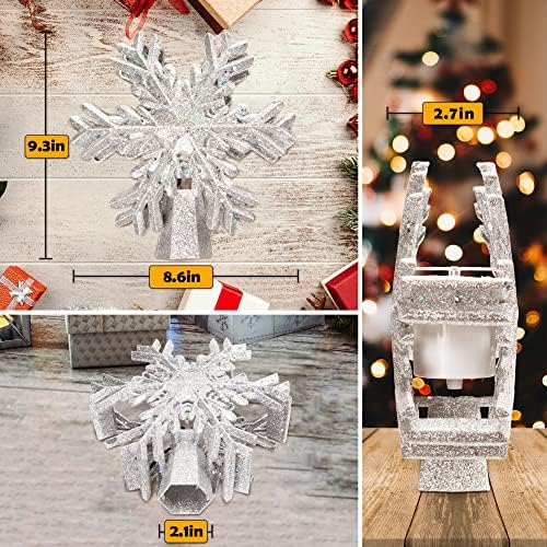 Xuanmuque Tree de Natal Topper 3D Glitter iluminado Topper de árvore de floco de neve com luz do projetor LED rotativo no teto, ornamento de Natal para decorações de árvores de Natal, prata, xmq239-p
