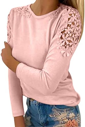 Crewneck da moda feminina Tops de renda Hollow out ombro camisas de manga comprida blusa de cor sólida casual