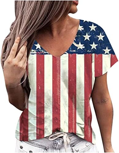 O Dia da Independência está no topo das mulheres da bandeira americana Tees listrados 2023 Summer v pescoço 4 de