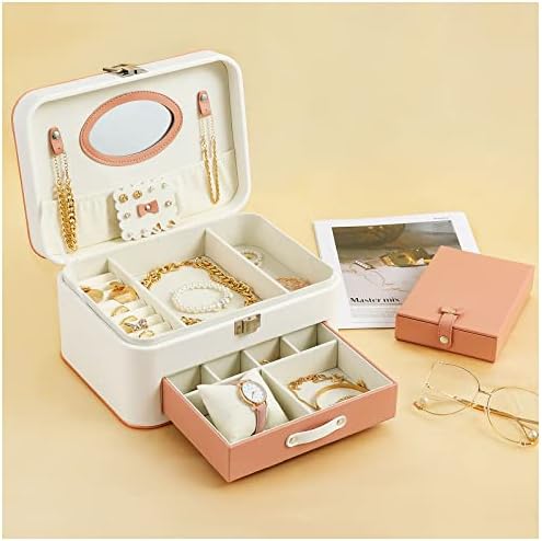 Organizador da caixa de jóias de couro PU Perpury para mulheres 2 camadas, com espelho, removível, com trava | rosa branco